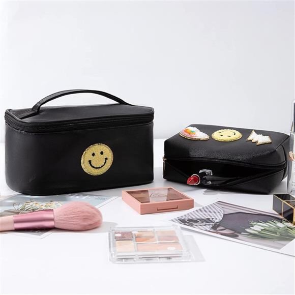 2 Pack Preppy Patch Makeup Bag Leather Cosmetic Bag Makeup Pouch, (Black)